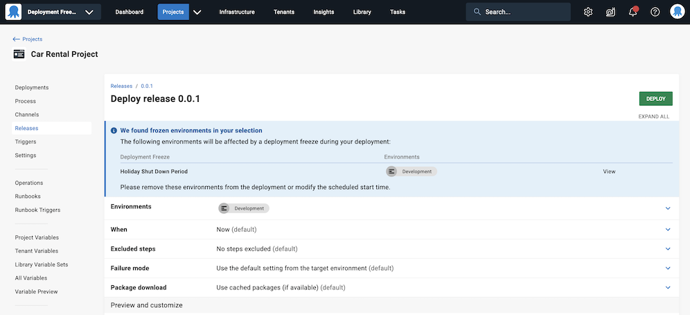 Override a project deployment freeze from deploy a release page