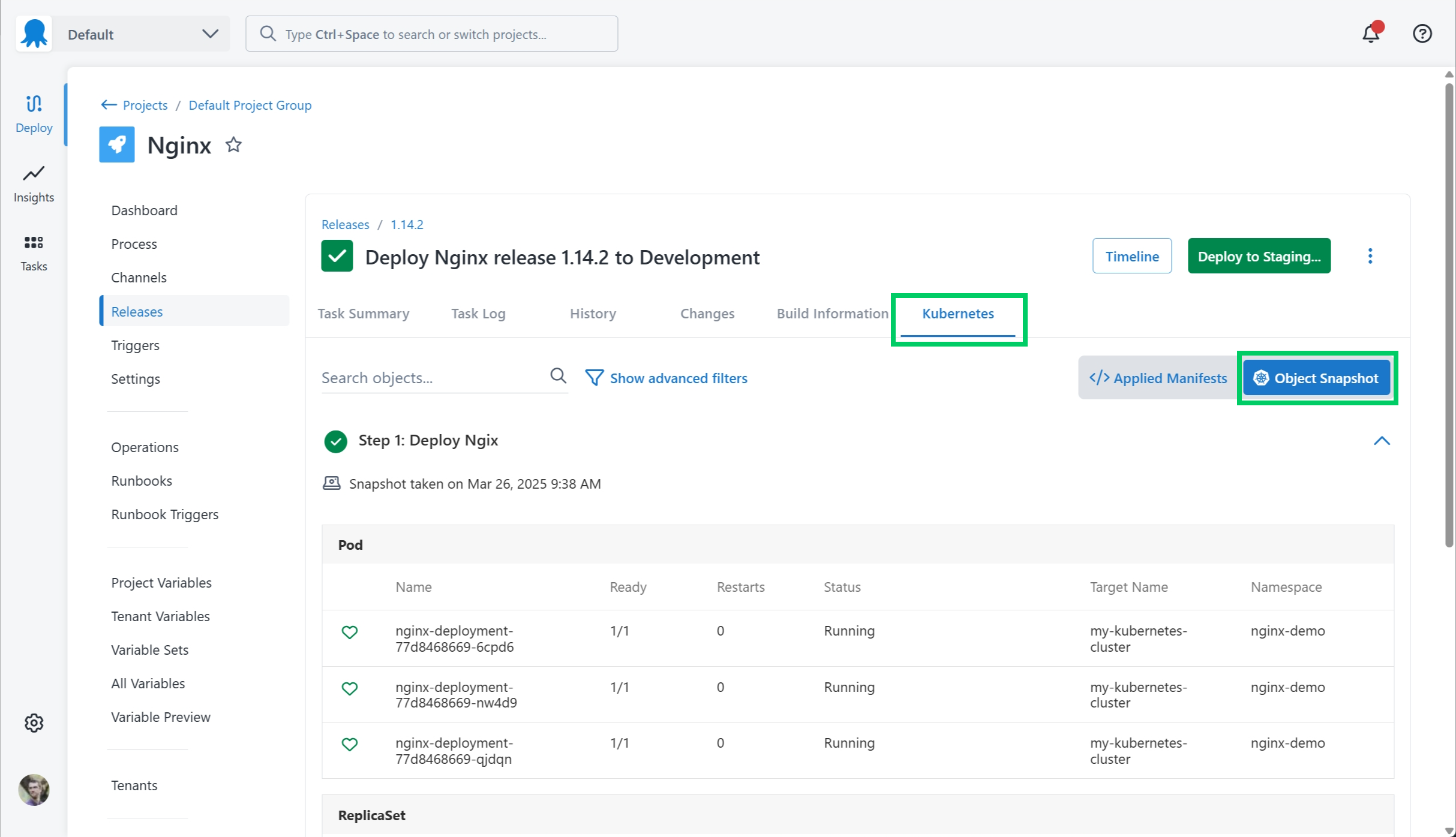 A screenshot of the Kubernetes Object Snapshot tab