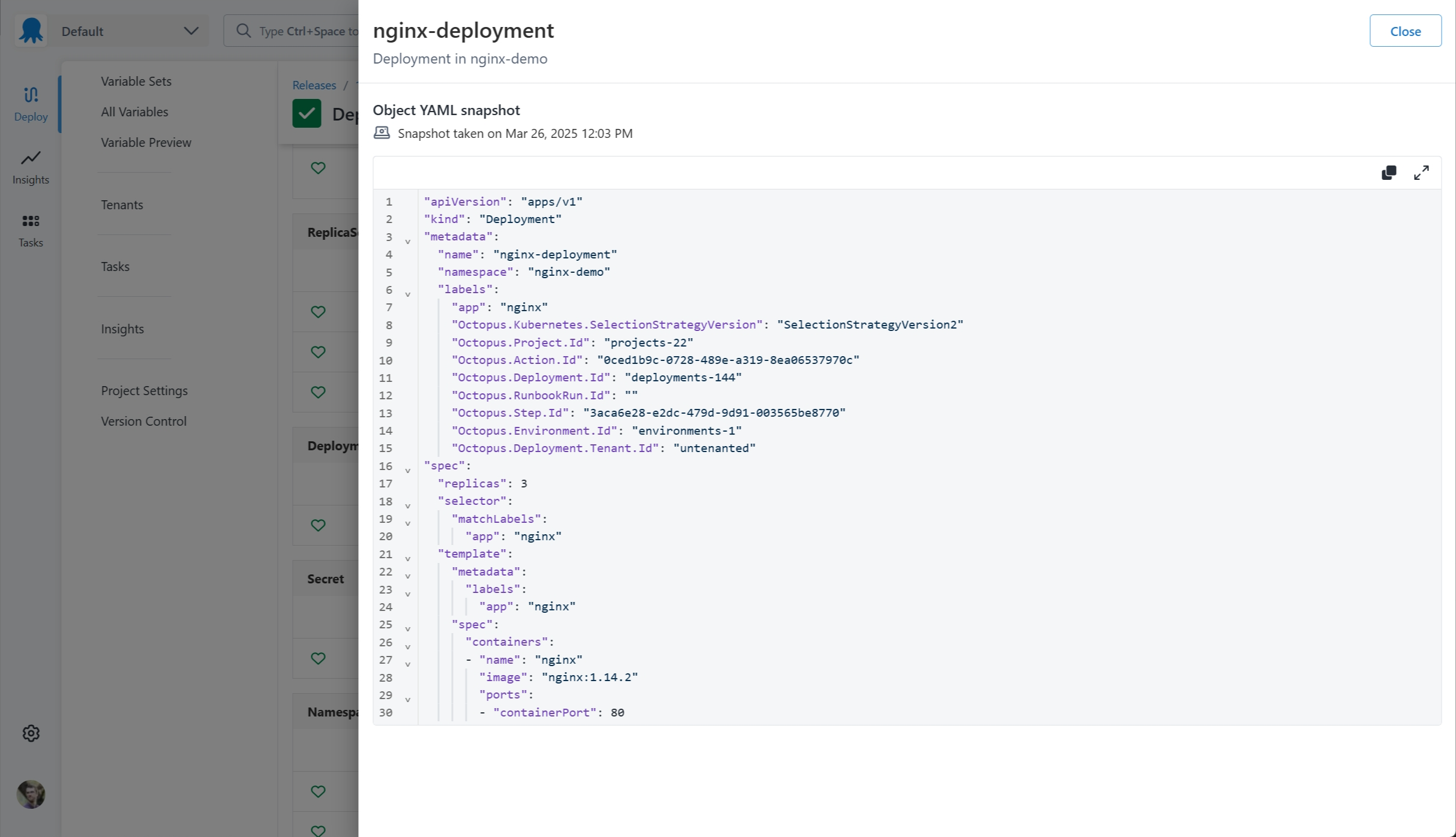 A screenshot of the Kubernetes Object Status resource drawer