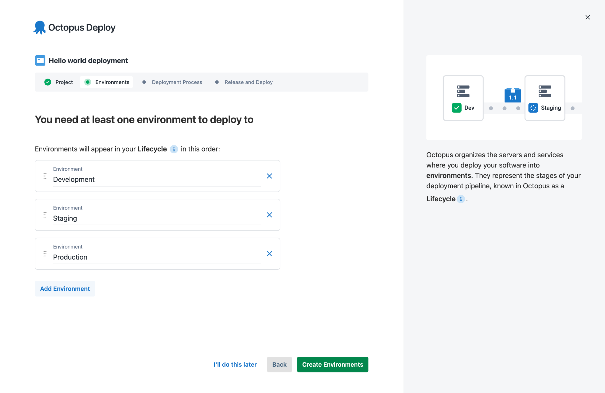 Environment selection options and deployment lifecycle visuals
