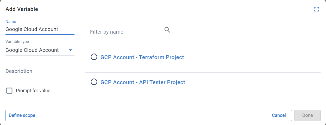 Google Cloud account variable selection